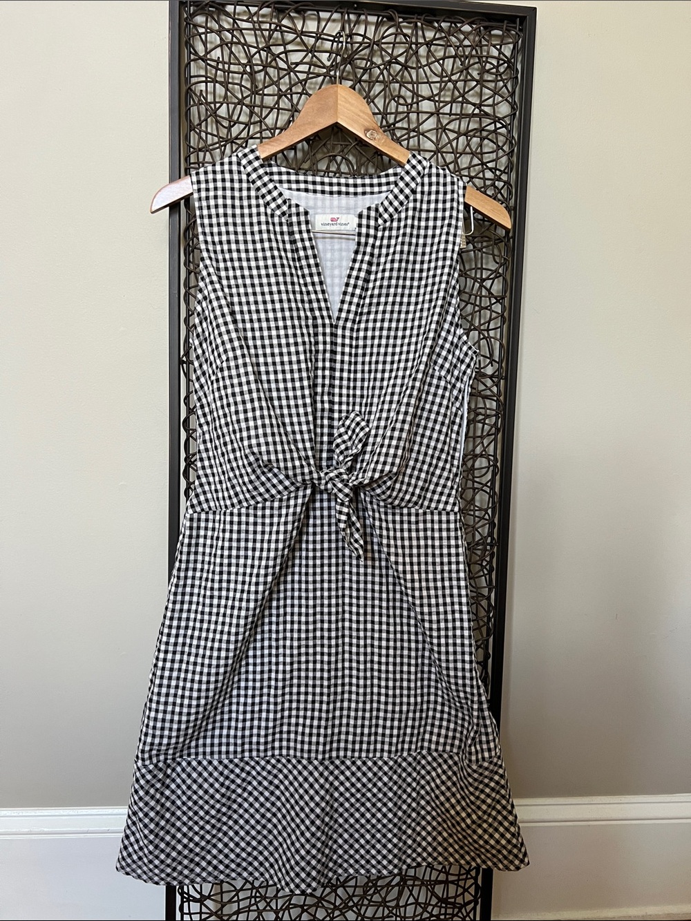 Vineyard Vines gingham seersucker black white checker tie-front mini dress 6